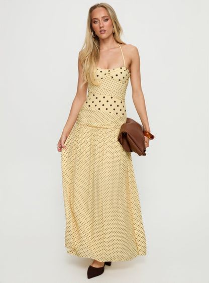 Marguerite Halter Maxi Dress Lemon / Brown Polka Dot