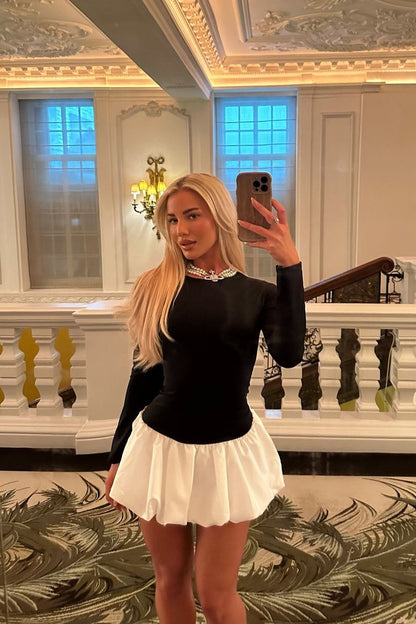 Black Contrast Long Sleeve Bubble Hem Mini Dress