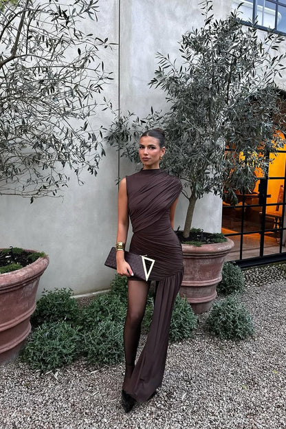 Brown High Neck Ruched Draped Mini Dress