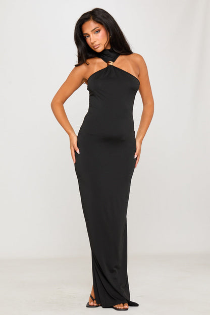 Black Halter High Neck Embellished Detail Maxi Dress