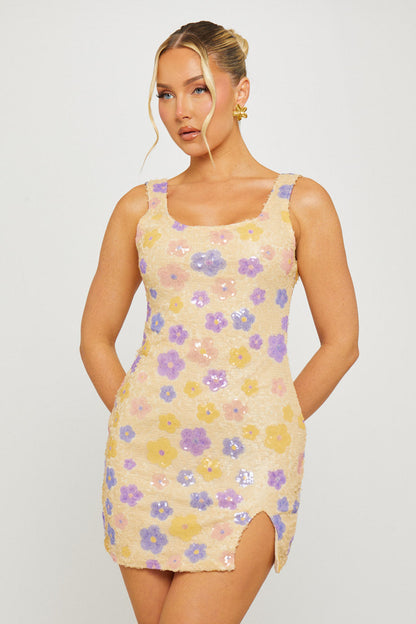 Purple Sequin Floral Detail Square Neck Mini Dress