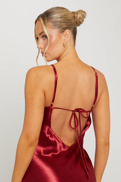 Wine Satin Cowl Neck Slip Maxi Dress
