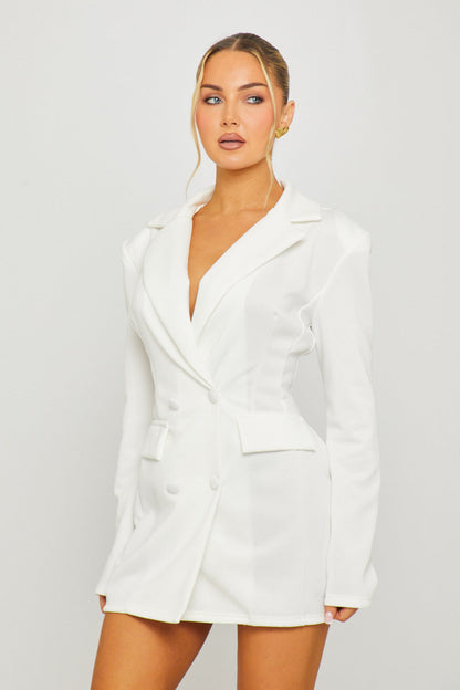 White Double Breasted Button Front Blazer Dress