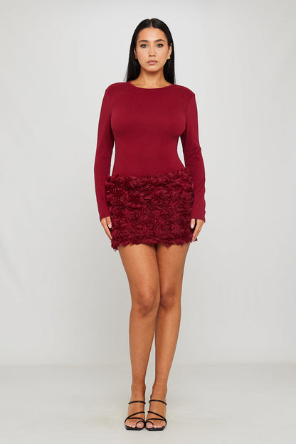 Wine Floral Textured Long Sleeve Mini Dress
