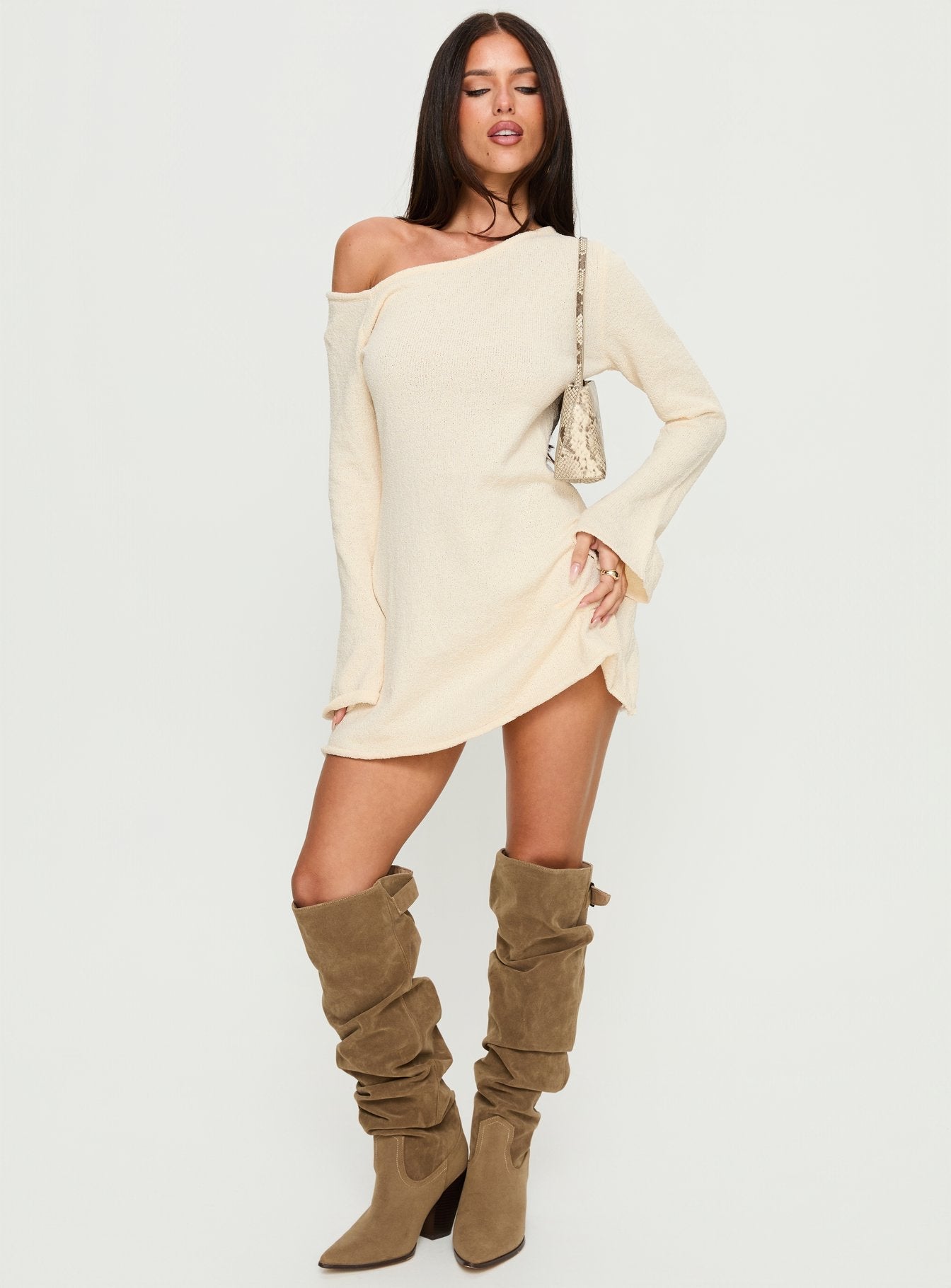 Jaede Off Shoulder Knit Mini Dress Cream