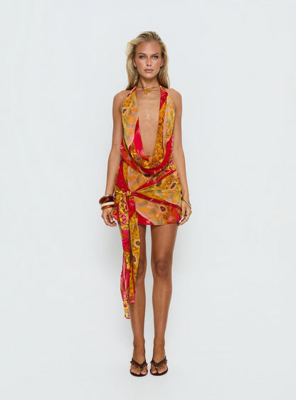 Snakepit Halter Plunge Mini Dress Paisley Splice