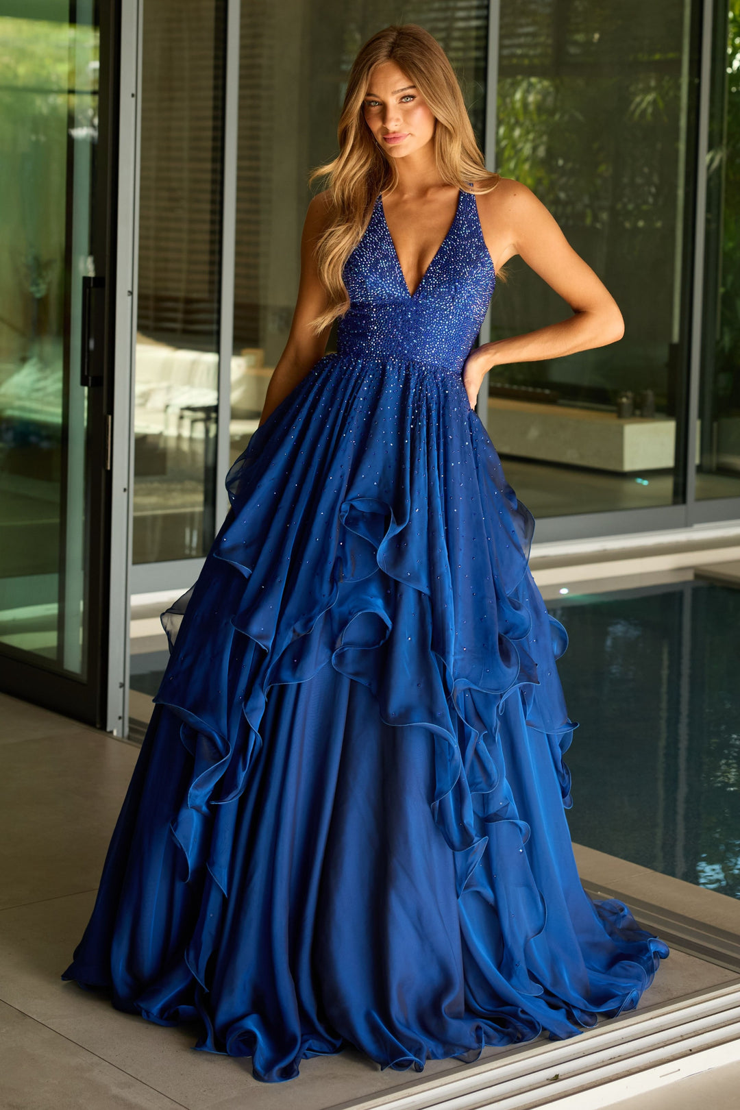 42238 Ava Presley Halter Ball Gown With Ruffled Skirt