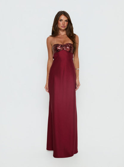 See The Vision Sequin Bust Strapless Maxi Dress Burgundy