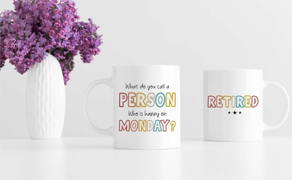 FUNITZ Retirement Gifts For Women Men, Who Is Happy On Monday, Happy Retirement Mug 11 Oz Coffee Mug, Retired Gifts Birthday Gift Christmas Presents for Coworkers Nurse Teacher Boss Grandma Mom