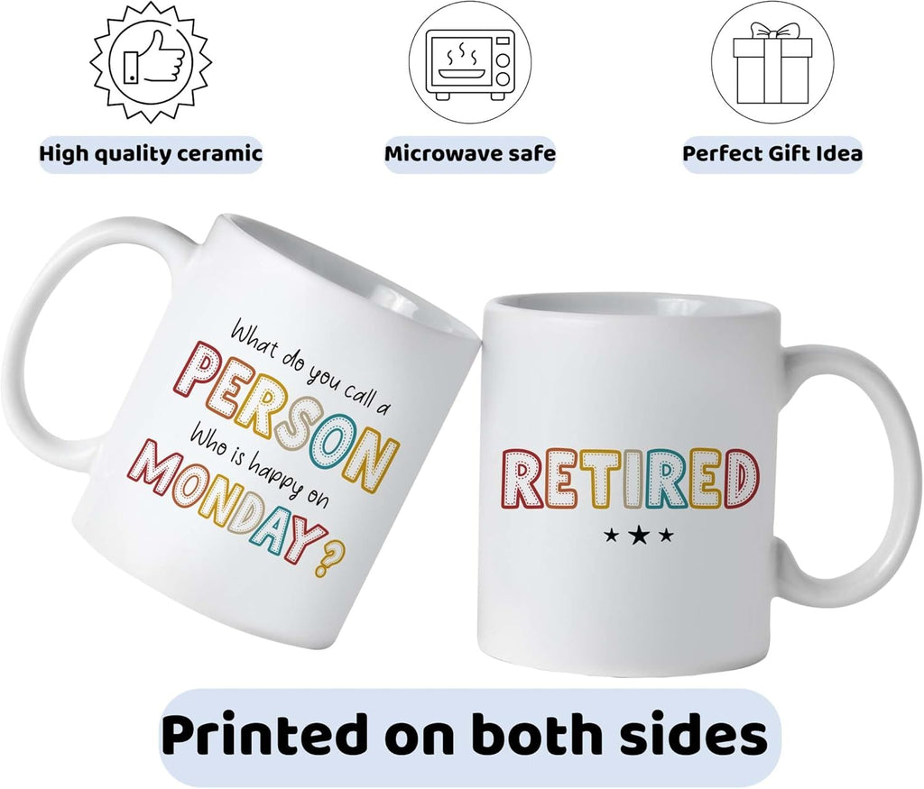 FUNITZ Retirement Gifts For Women Men, Who Is Happy On Monday, Happy Retirement Mug 11 Oz Coffee Mug, Retired Gifts Birthday Gift Christmas Presents for Coworkers Nurse Teacher Boss Grandma Mom