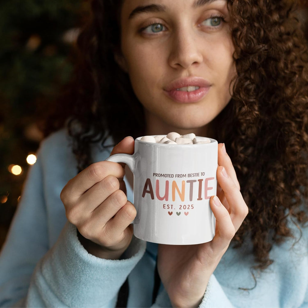 Gift For New Aunt, First Time Auntie Gifts, Promoted From Bestie to Auntie Est 2025 Mug, Pregnancy Announcement Gift for Best Friend, Sister
