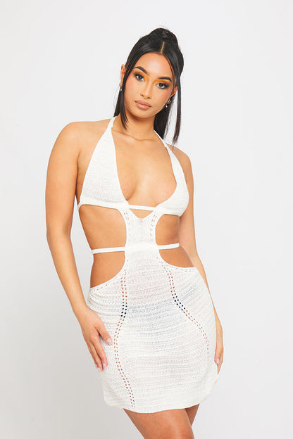 Cream Crochet Knit Halterneck Cut Out Backless Mini Dress