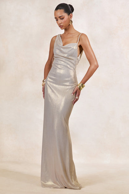 Galaxy Shimmer | Champagne Bias Cut Cowl Front Maxi Dress
