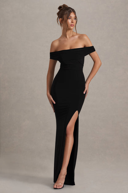 Law of Attraction | Black Bardot Draped Split Maxi Dress