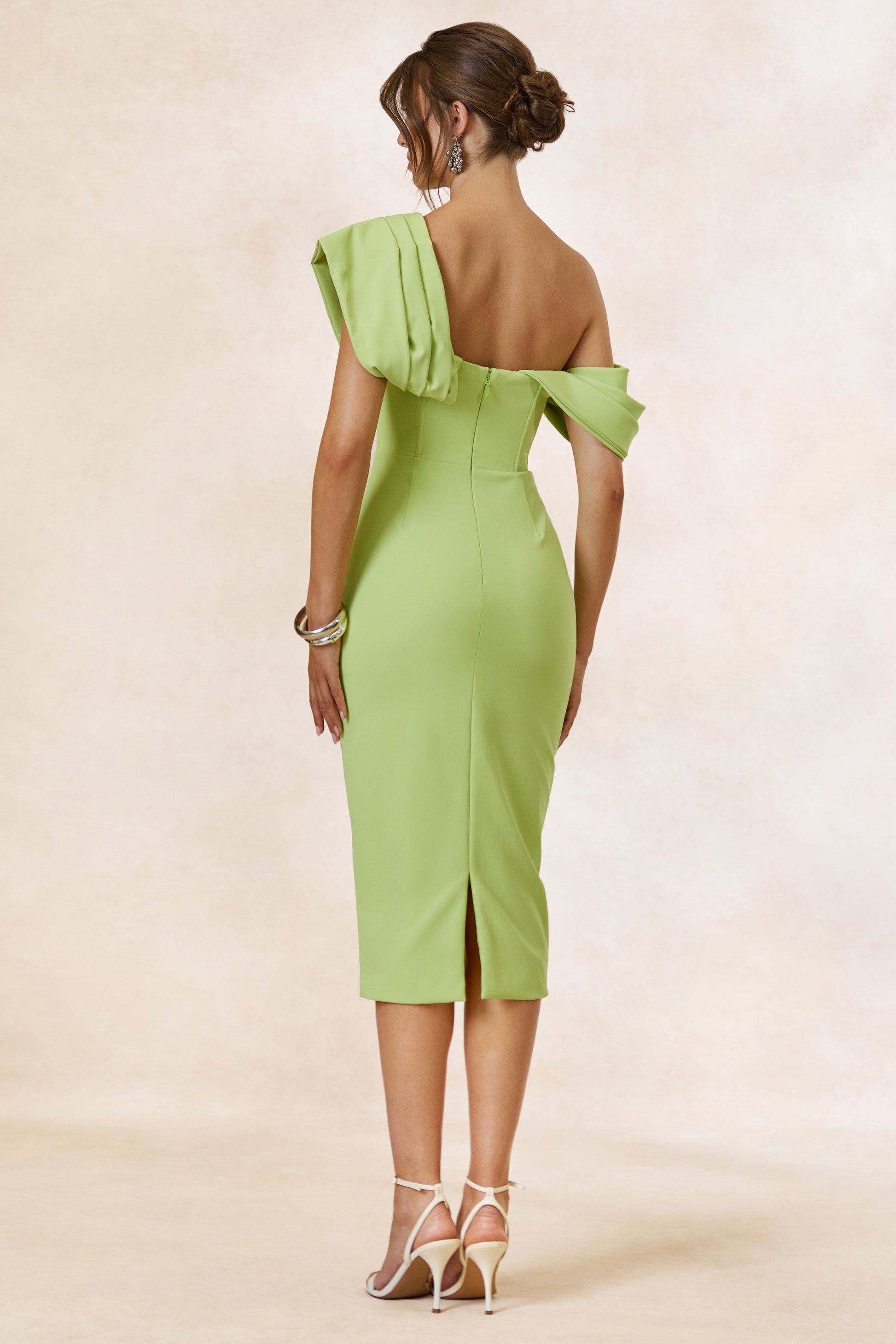 Adrina | Lime Draped One Shoulder Midi Dress