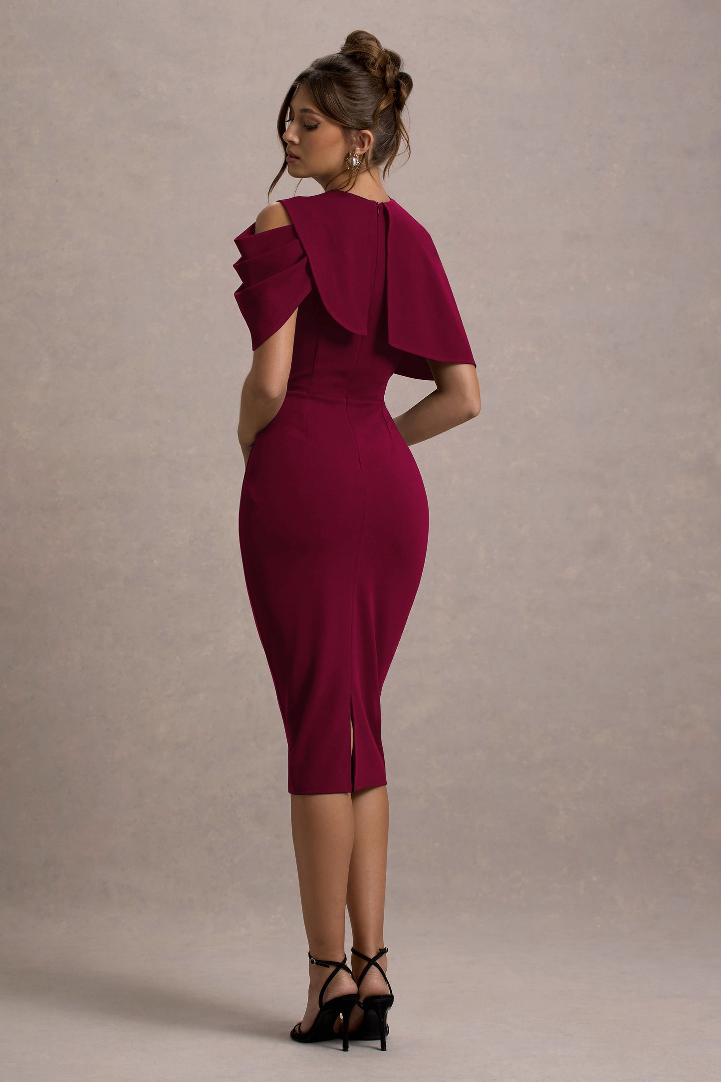 Dorothea | Berry Draped Midi Dress With Cape