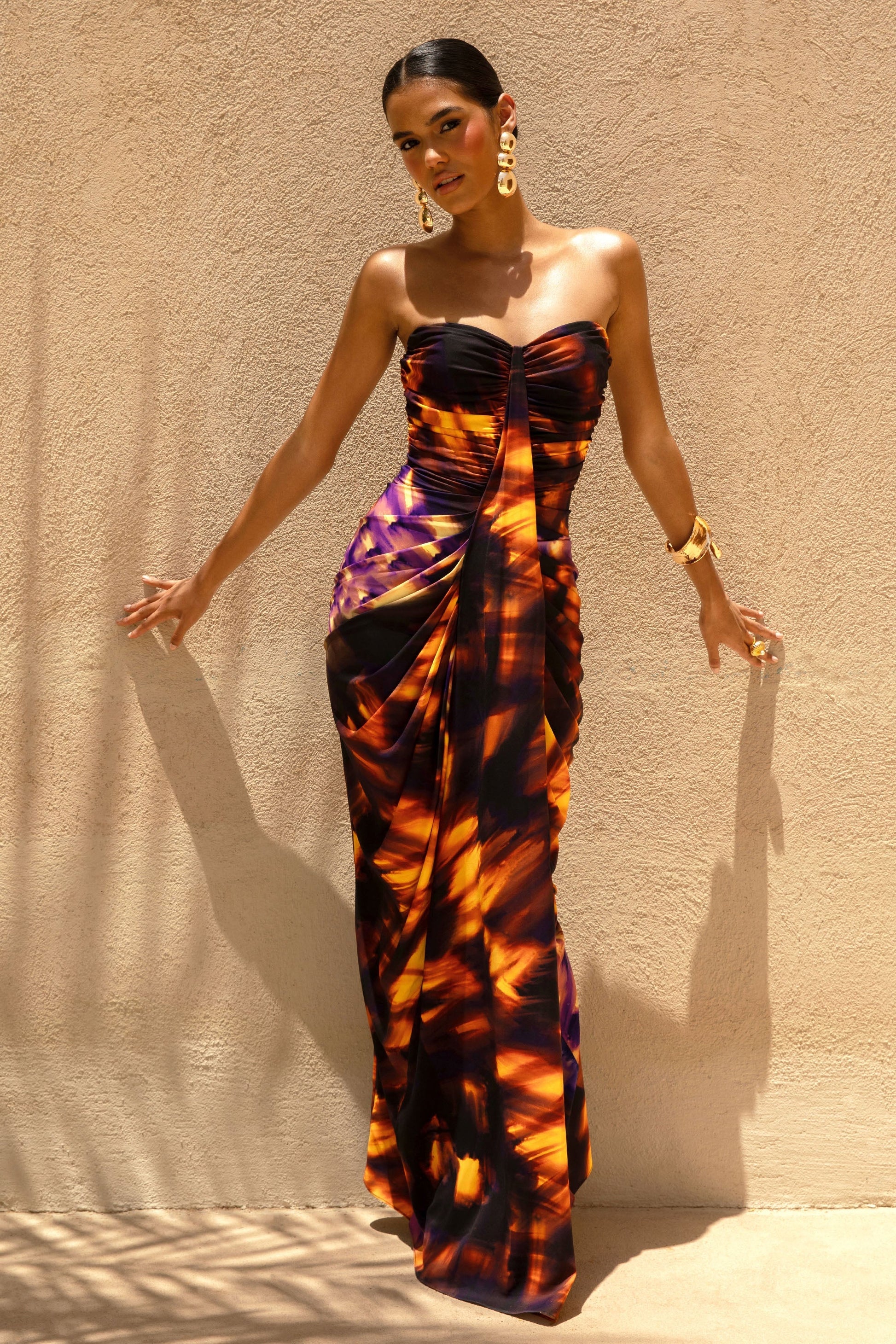 Nyra | Smoke Print Sweetheart Ruched Maxi Dress