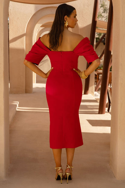 Fiona | Red Plunge-Neck Split Midi Dress