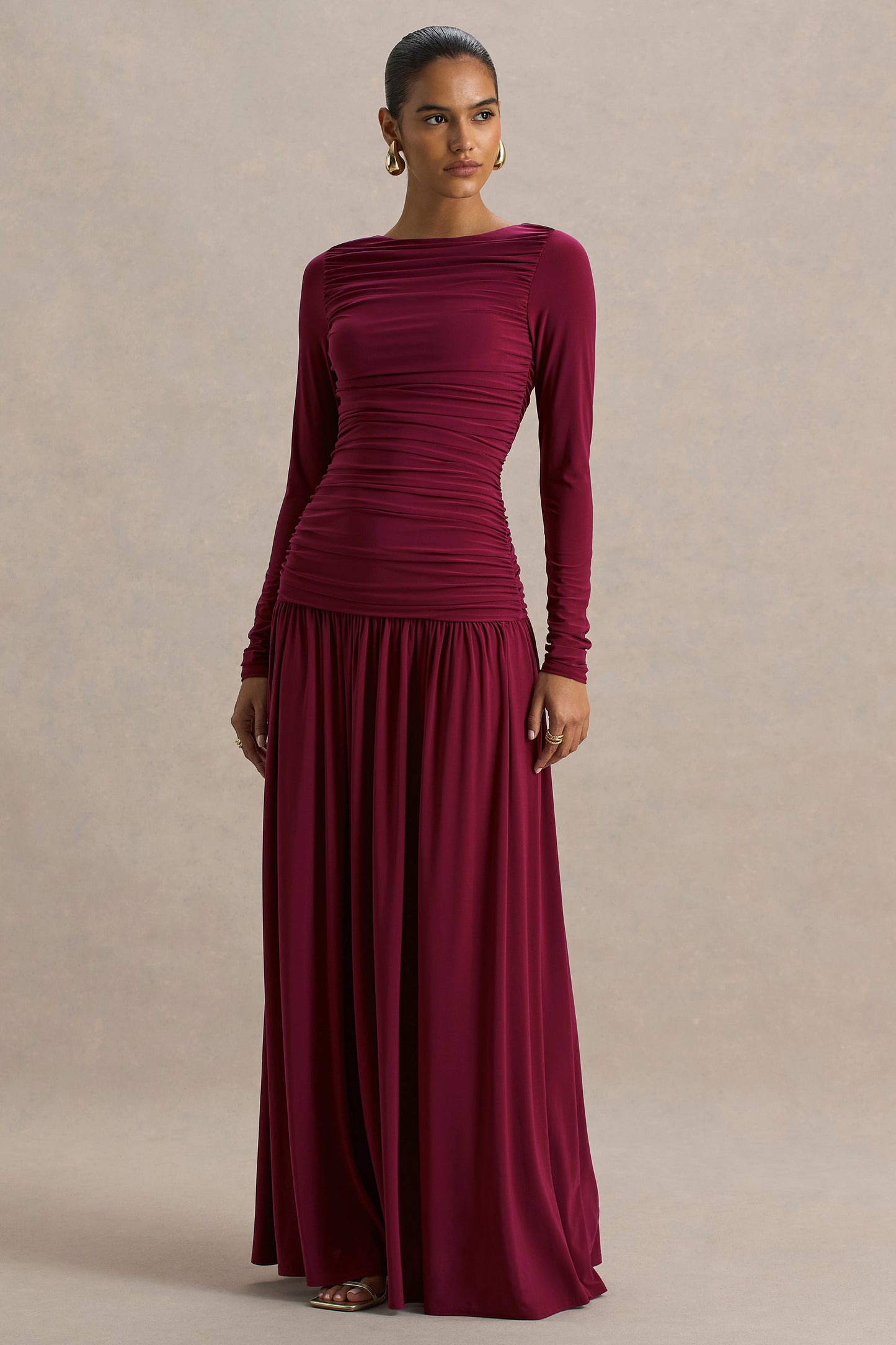 Aniyah | Burgundy Slashed-Neck Maxi Dress With Ruched Detailing