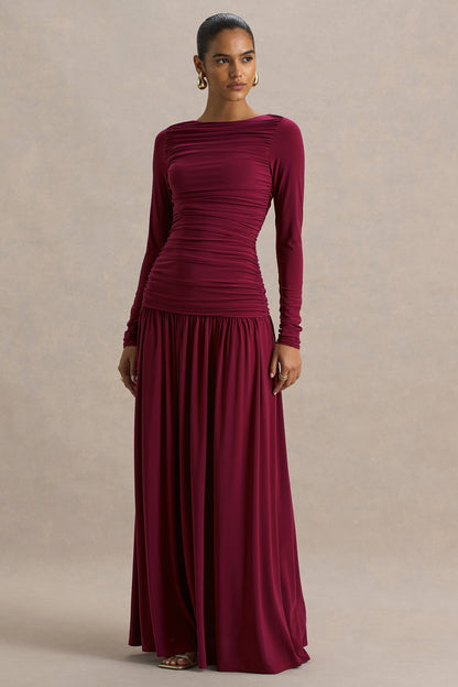 Aniyah | Burgundy Slashed-Neck Maxi Dress With Ruched Detailing