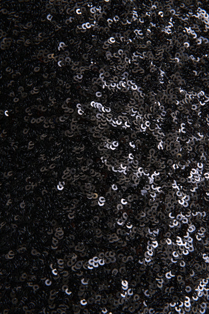 Mery | Black Sequin High-Neck Wrap Maxi Dress With One-Long Sleeve