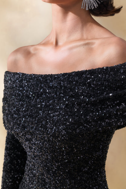 Obsession | Black Sequin Bardot-Neck Maxi Dress With Long Sleeves