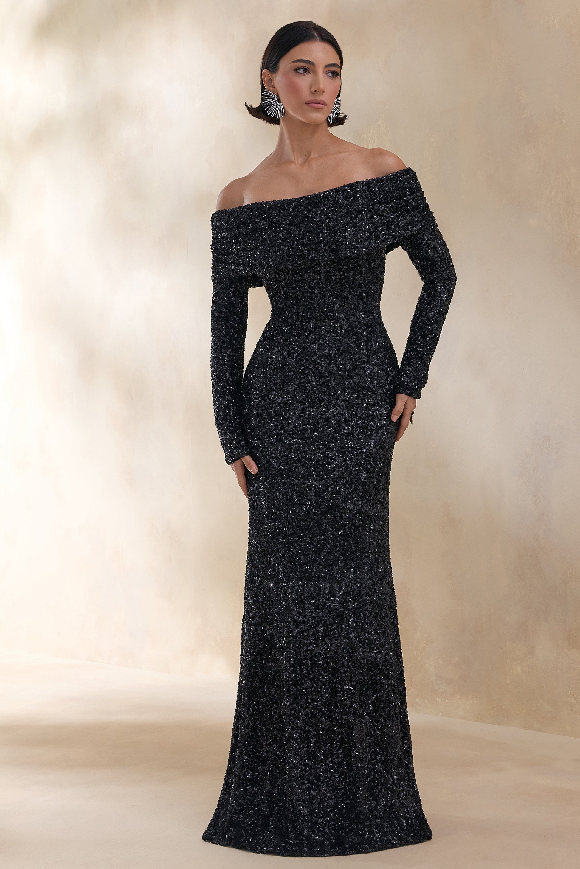 Obsession | Black Sequin Bardot-Neck Maxi Dress With Long Sleeves