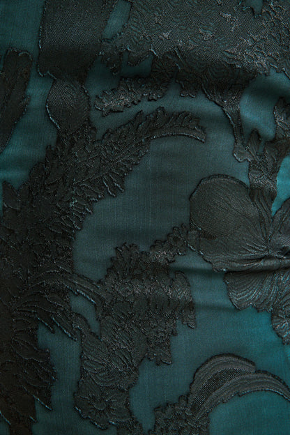 Hada | Dark Green Satin Devore Square-Neck Maxi Dress With Removable Twisted-Cape