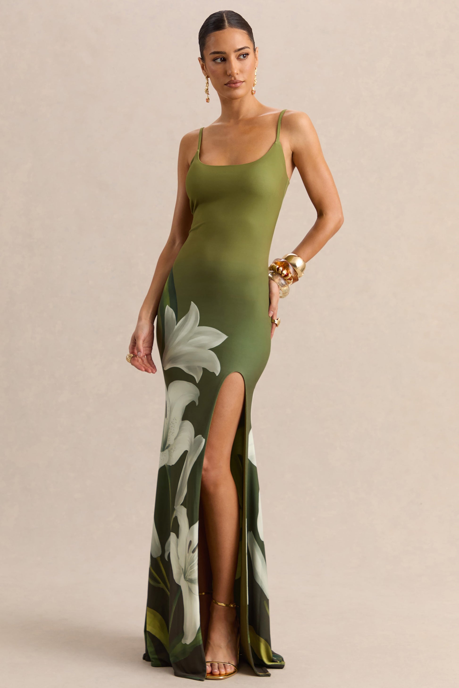 Yasmine | Olive Lily Print Square-Neck Maxi Dress With Front High-Split