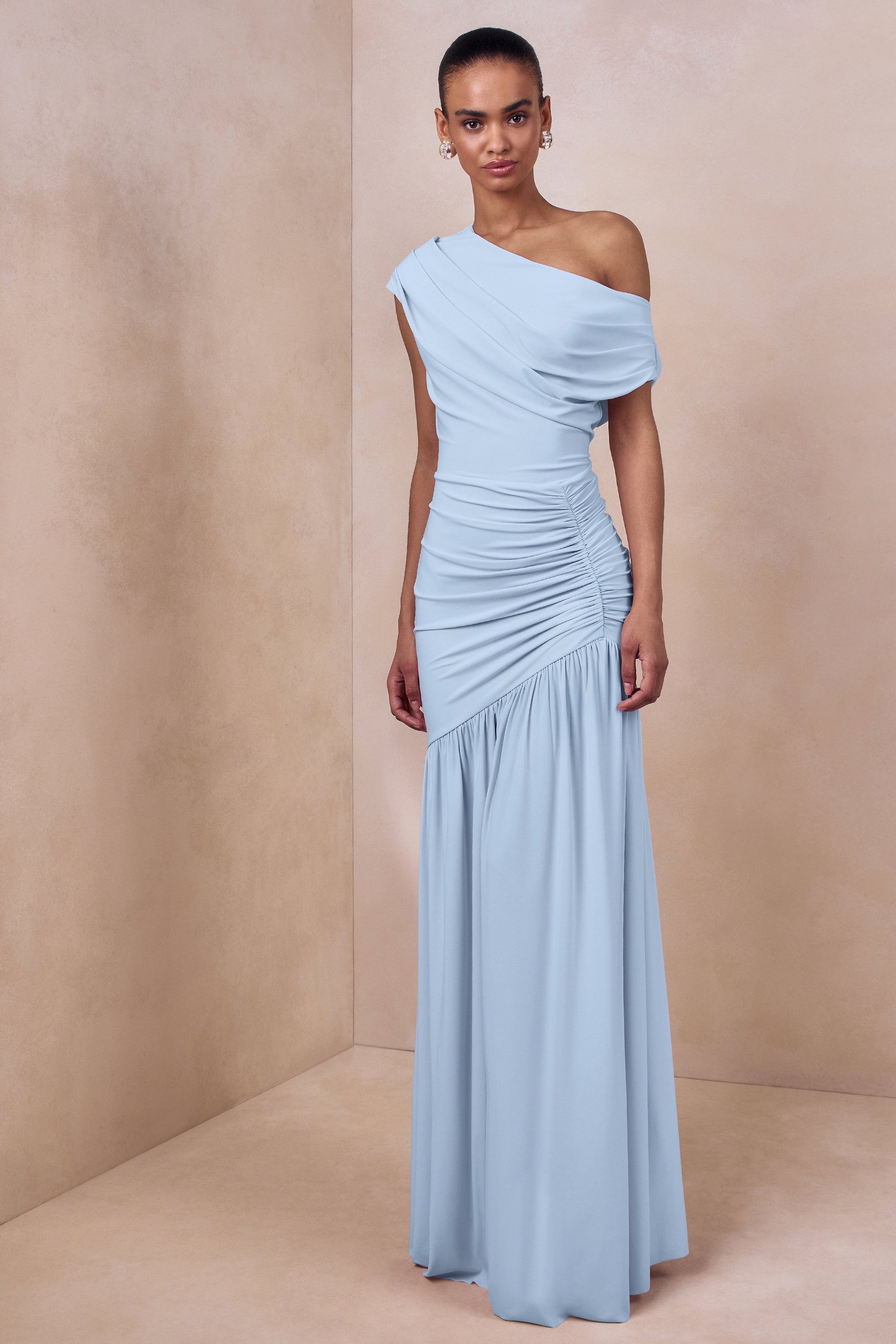 Kady | Powder Blue Asymmetric-Neck Maxi Dress With Ruched Detailing