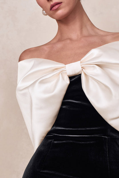 Twilight | Black And White Velvet Bardot-Neck Midi Dress With Oversized Satin Bow