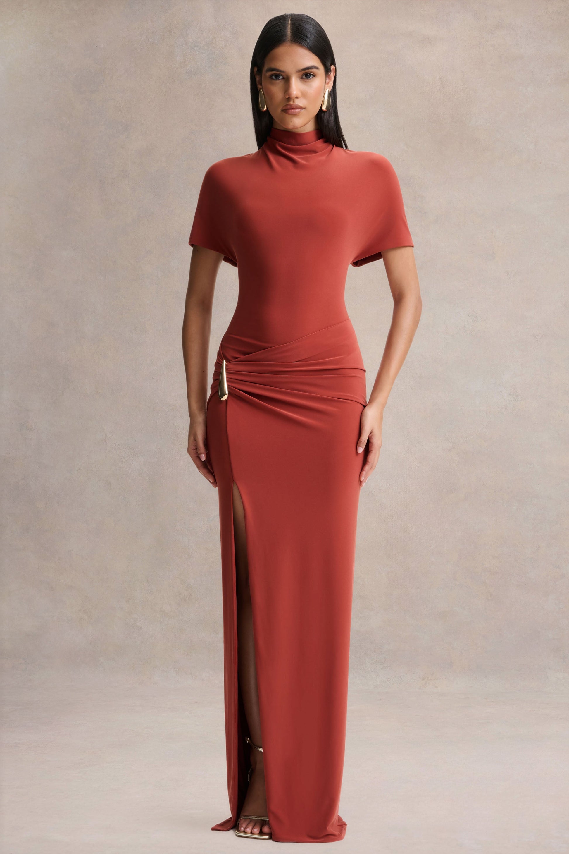 Arlena | Rust High-Neck Wrapped Maxi Dress