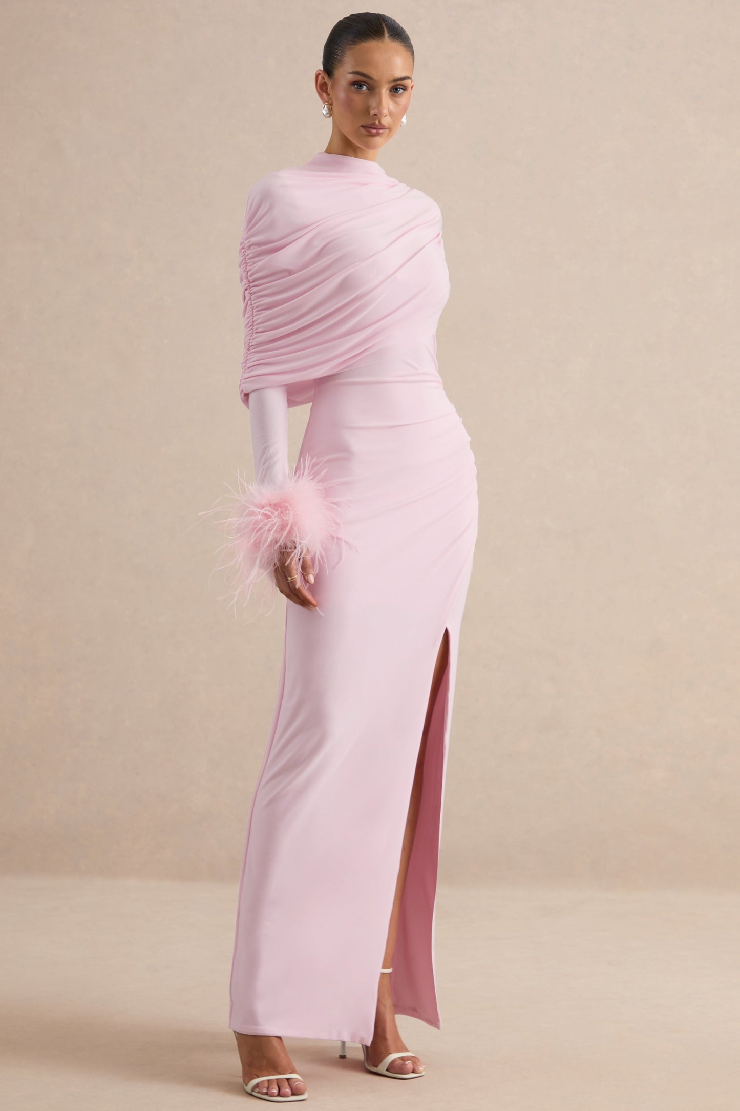 Gatsby | Light Pink High-Neck Maxi Dress With Feather Trim Cuffs