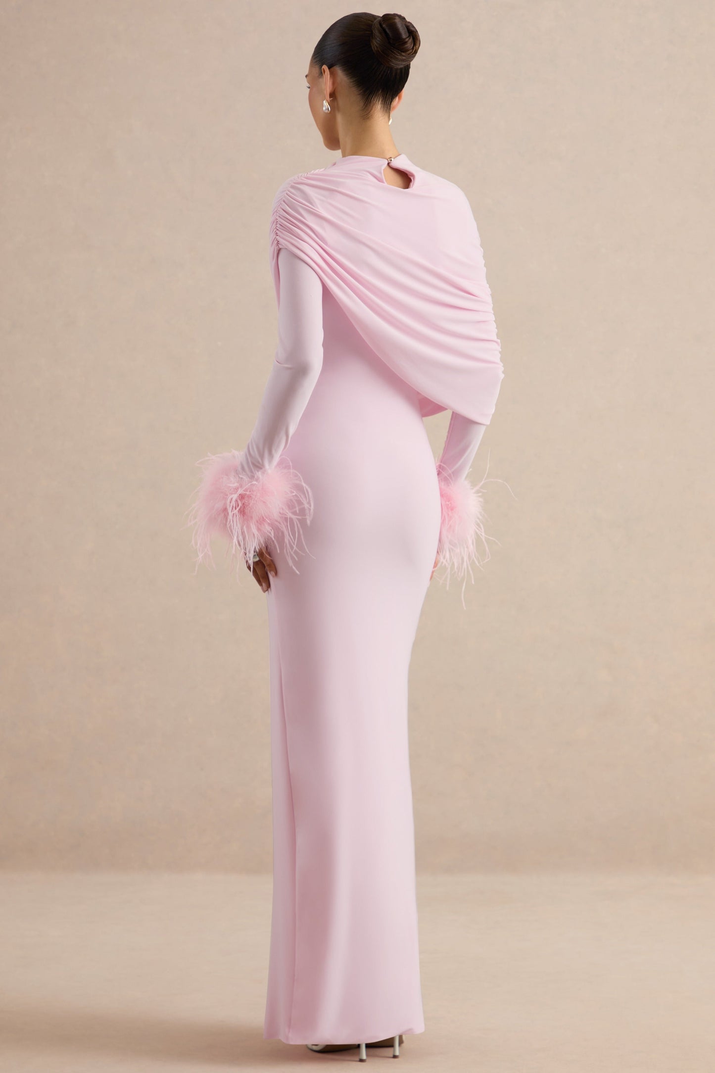 Gatsby | Light Pink High-Neck Maxi Dress With Feather Trim Cuffs