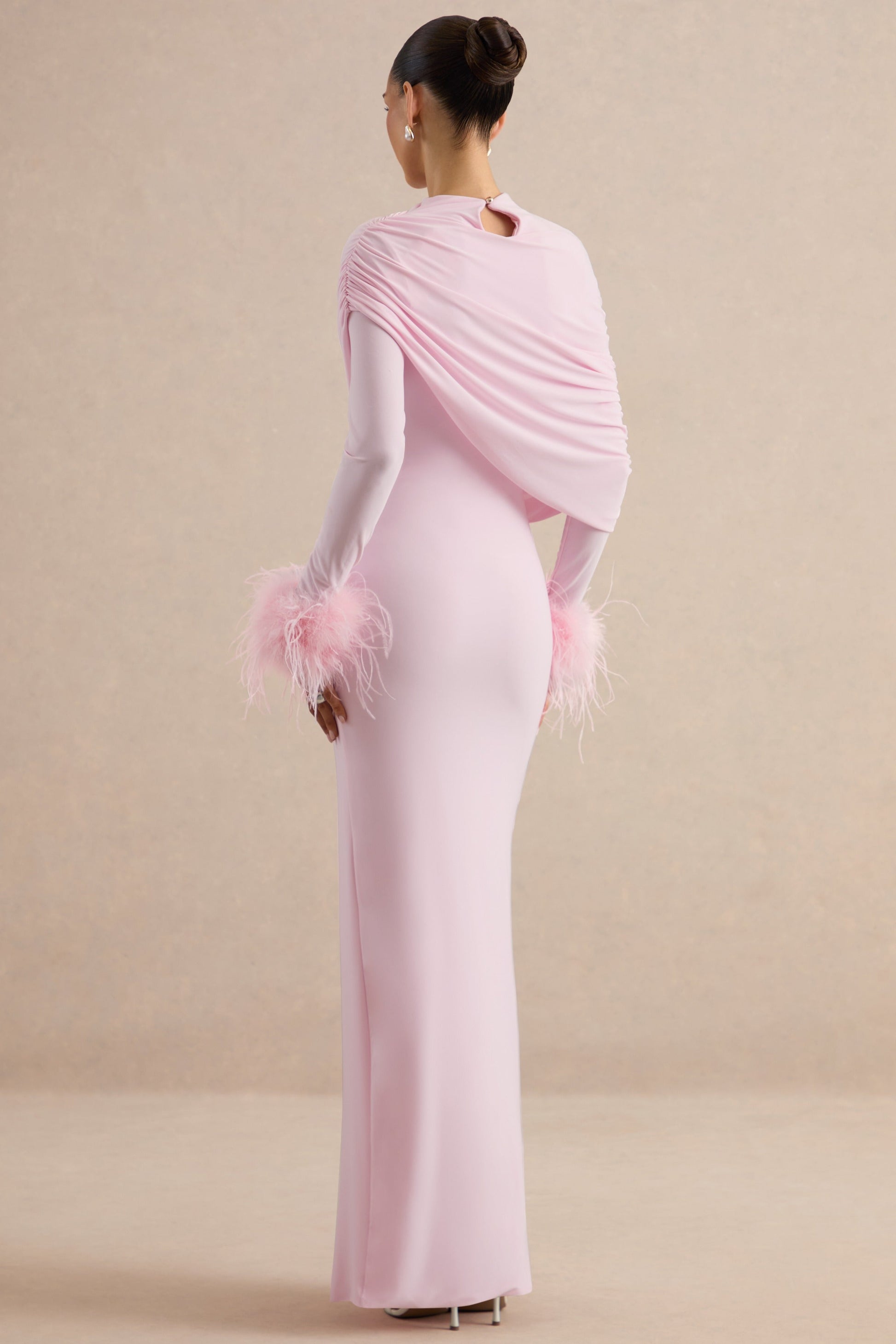 Gatsby | Light Pink High-Neck Maxi Dress With Feather Trim Cuffs