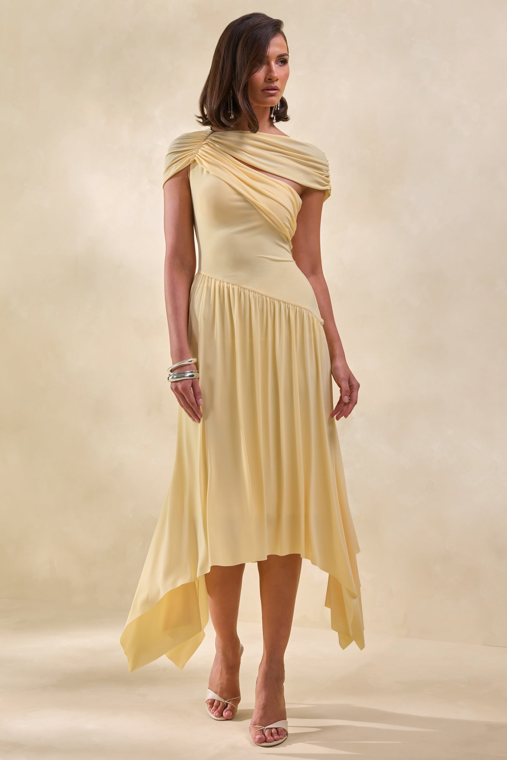 Lorina | Lemon Midi Dress With Asymmetric-Waist