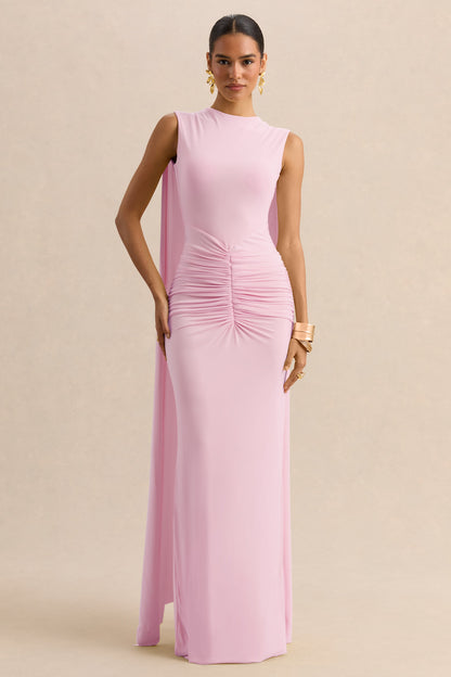 Premiere | Light Pink Boat-Neck Maxi Dress With Cape-Sleeves And Open-Back