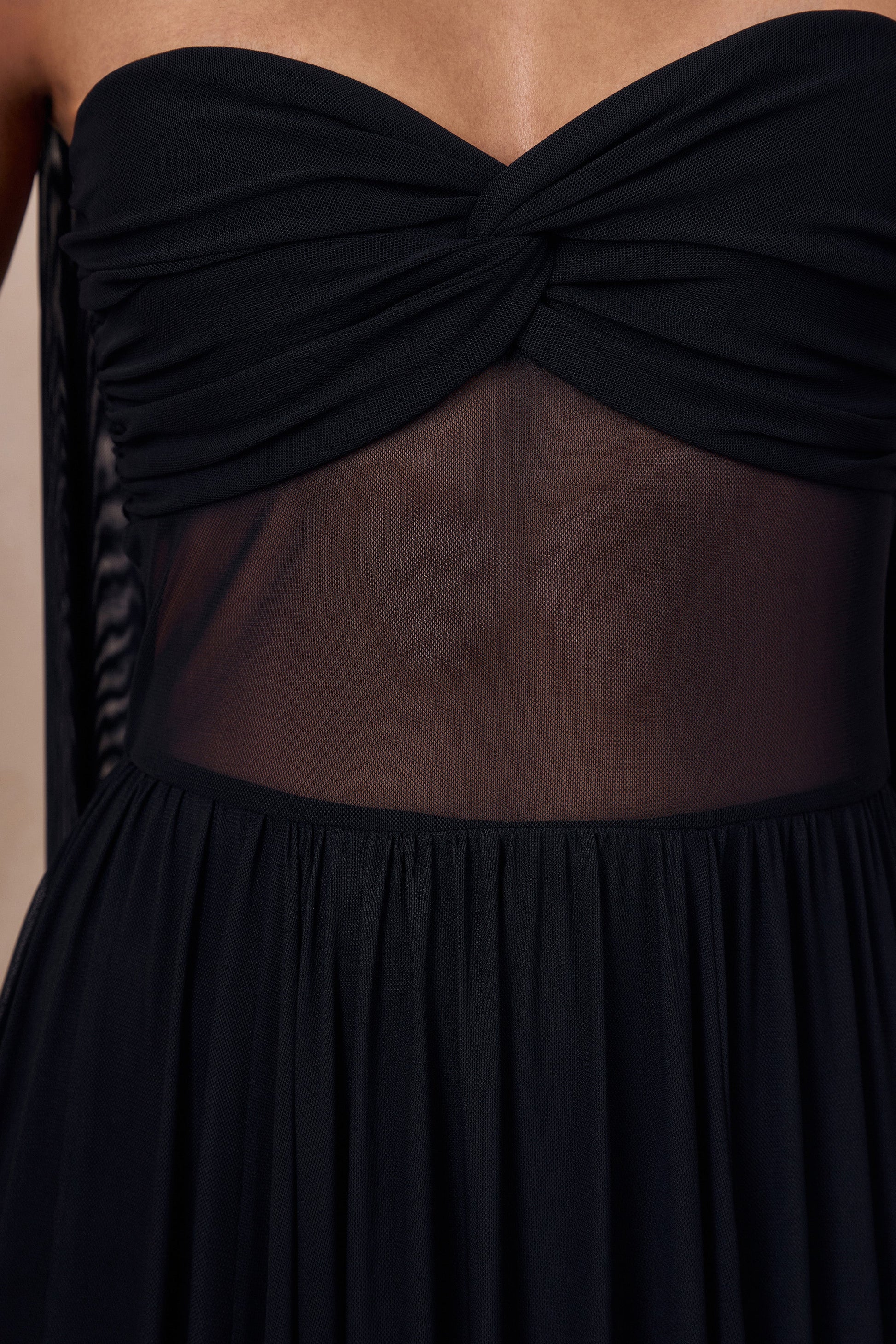 Lyvoria | Black Bandeau Maxi Dress With Mesh-Detail And Scarf