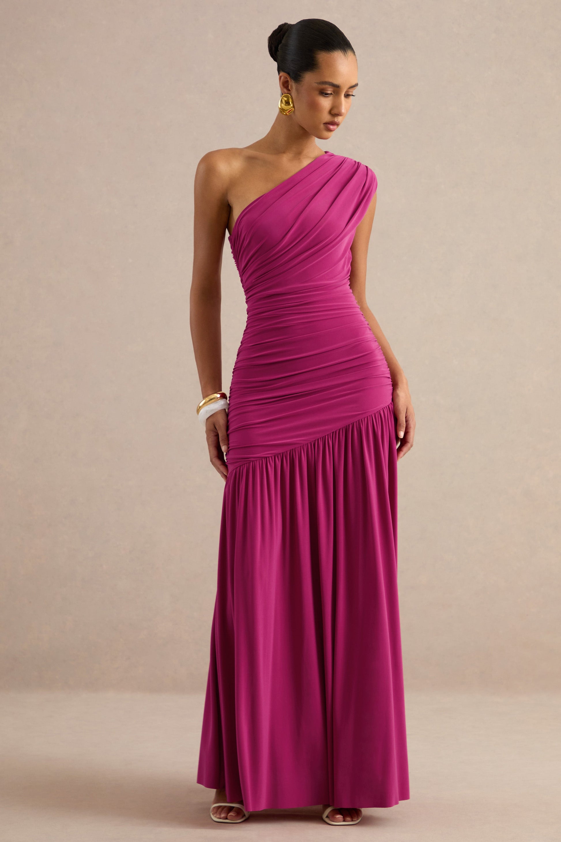 Alaya | Hot Pink Asymmetric-Neck Maxi Dress With Drop-Waist