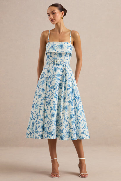 Devina | Blue Porcelain Print Square-Neck Belted Midi-Dress