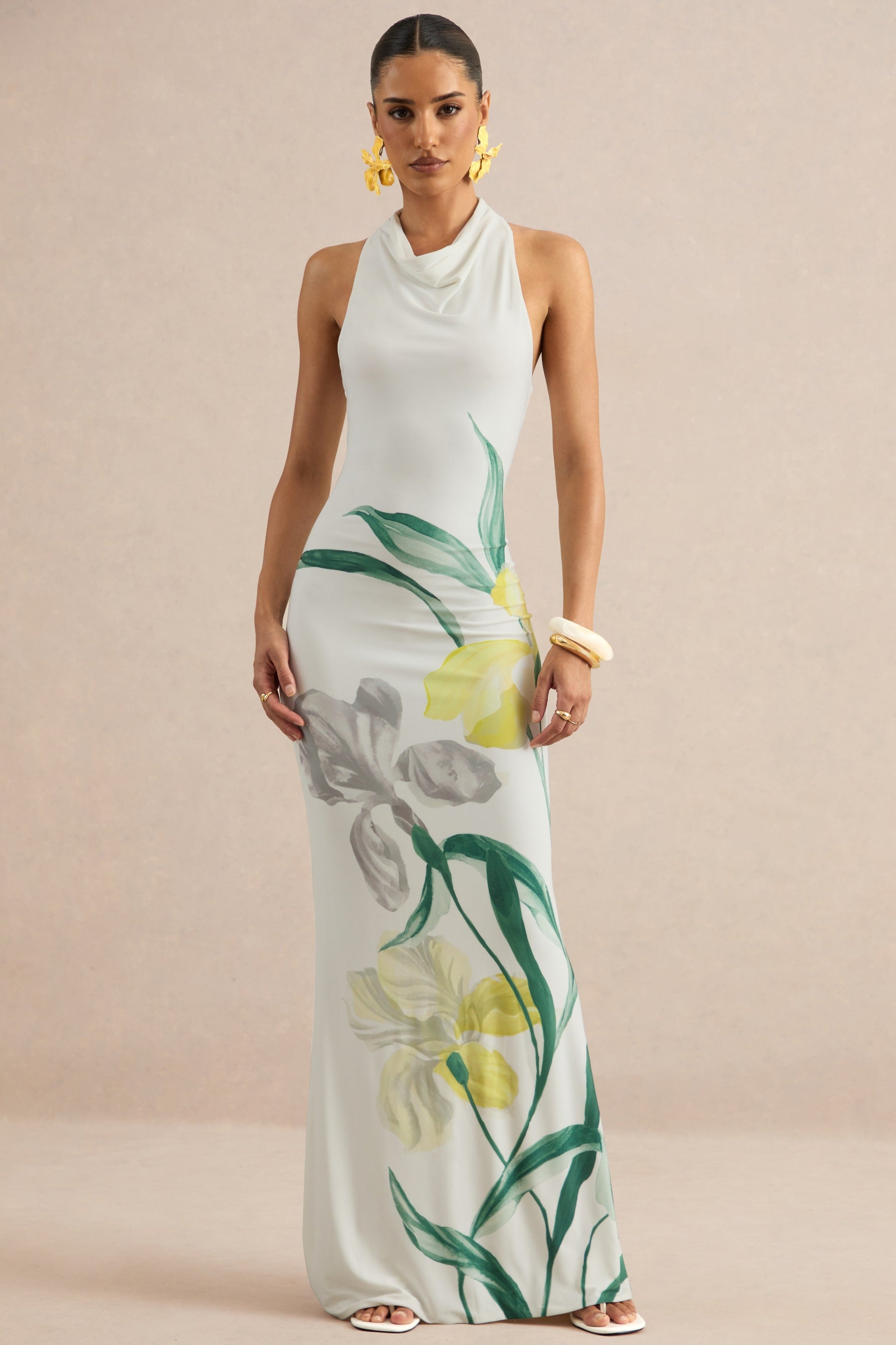 Wilber | Lemon Floral Print High-Neck Maxi Dress