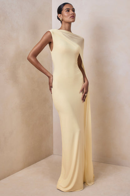 Mirelle | Lemon Boat-Neck Maxi Dress With Cape-Sleeve