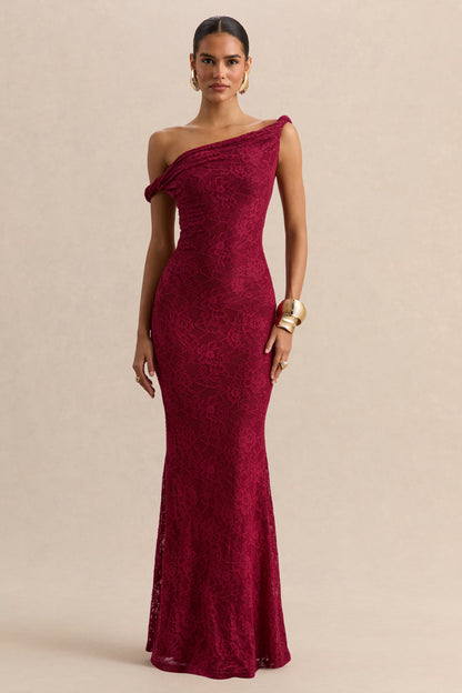 Afina | Burgundy Lace Asymmetric-Neck Maxi Dress
