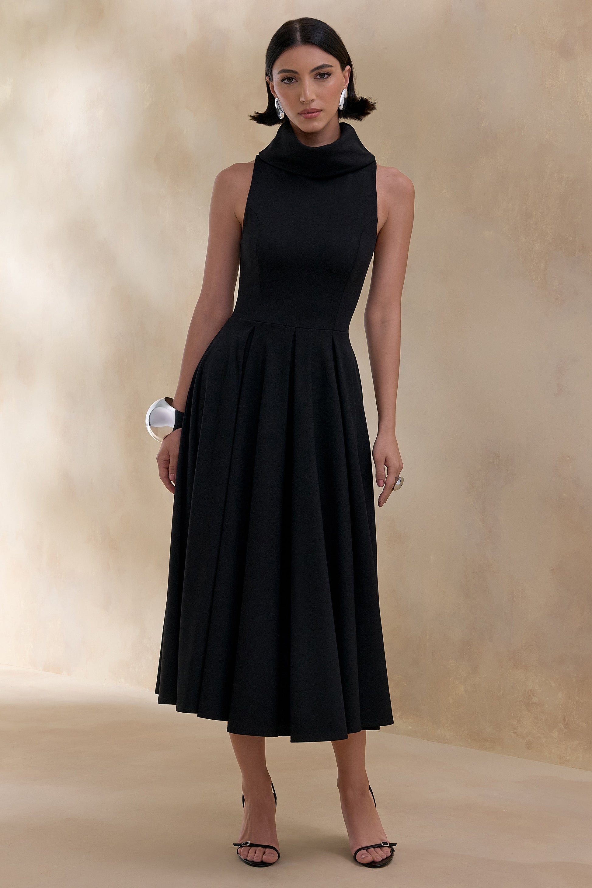 Exclusivity | Black High-Neck Midi Dress