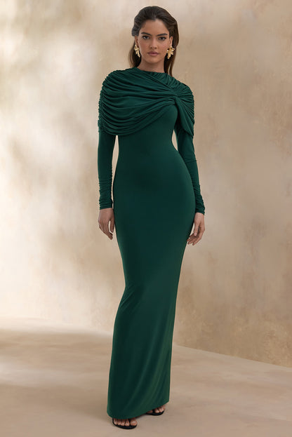 Evessa | Dark Green High-Neck Maxi Dress With Gathered-Detailing