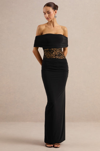 Forsya | Black Bardot-Neck Maxi Dress With Lace-Detailing