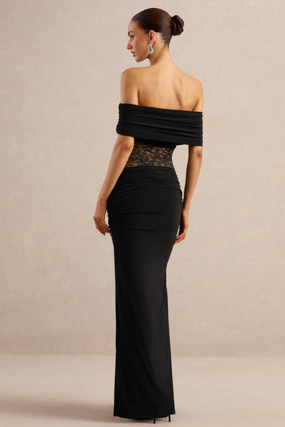 Forsya | Black Bardot-Neck Maxi Dress With Lace-Detailing