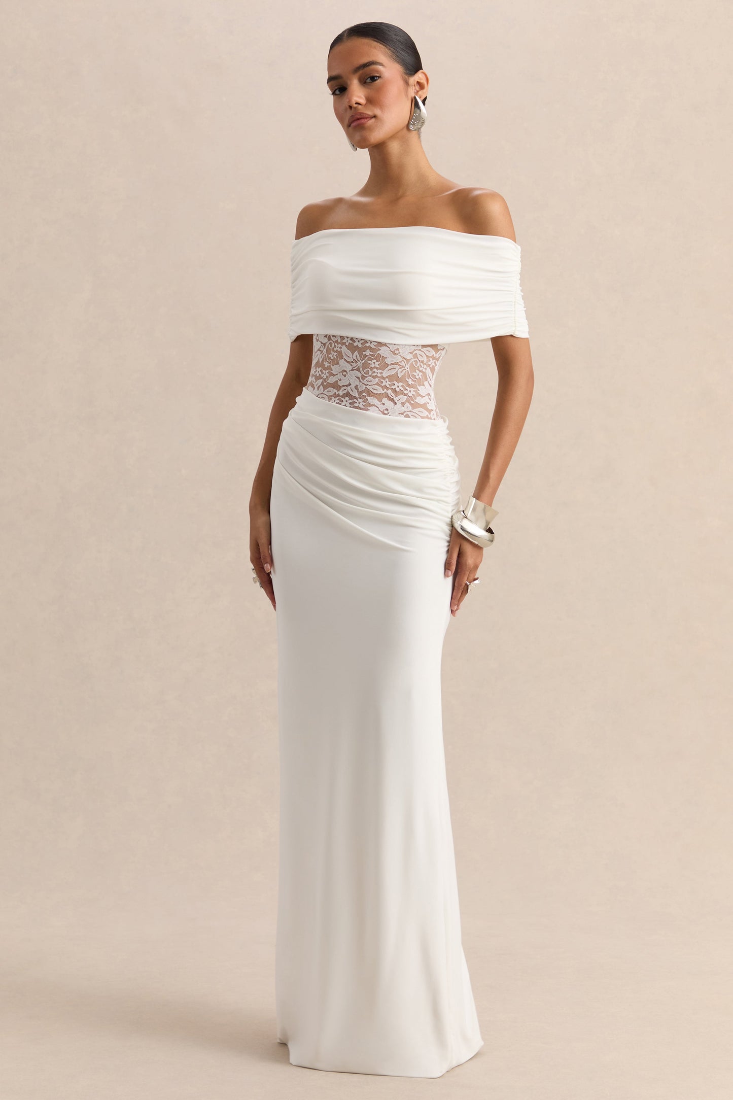 Forsya | White Bardot-Neck Maxi Dress With Lace-Detailing