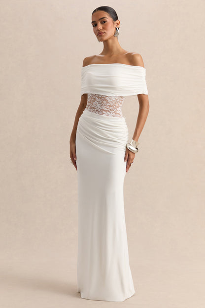 Forsya | White Bardot-Neck Maxi Dress With Lace-Detailing