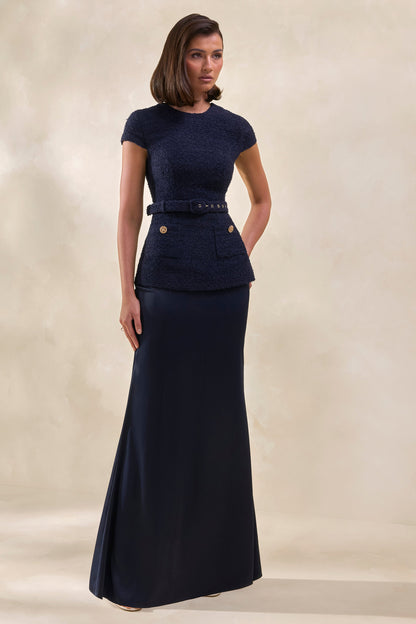 Whispera | Navy Crew-Neck Maxi Dress With Satin Skirt And Pocket-Details
